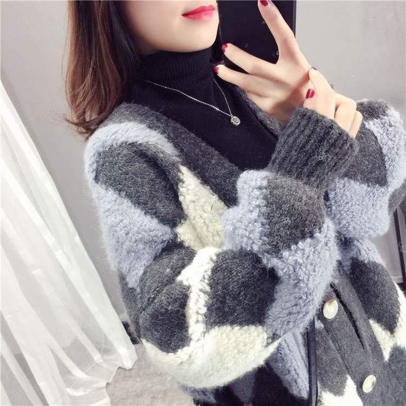 Neploe Sweater Cardigan Women Autumn Winter Korean Thick Knit Cardigans Argyle Oversized Hit Color Knitwear Outwear Coat 55306 201111wtt