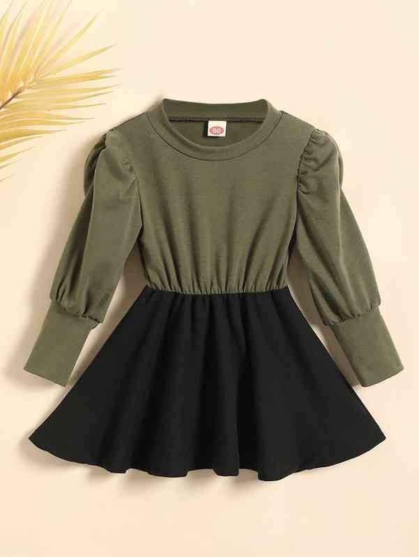 Baby Colorblock Bishop Sleeve Flare Hem Dress SHE