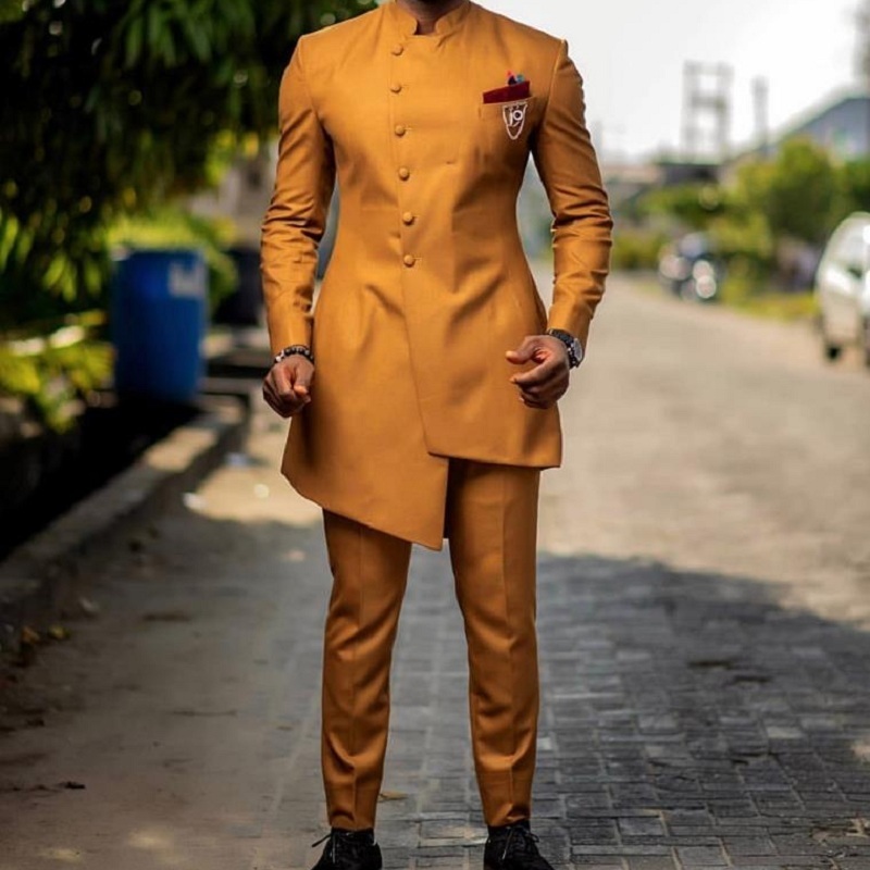 African Golden Satin Slim Fit Men Suits Wedding Groom Tuxedos Bridegroom Suits Front Button Best Man Prom Blazer Jacket+Pant 201106