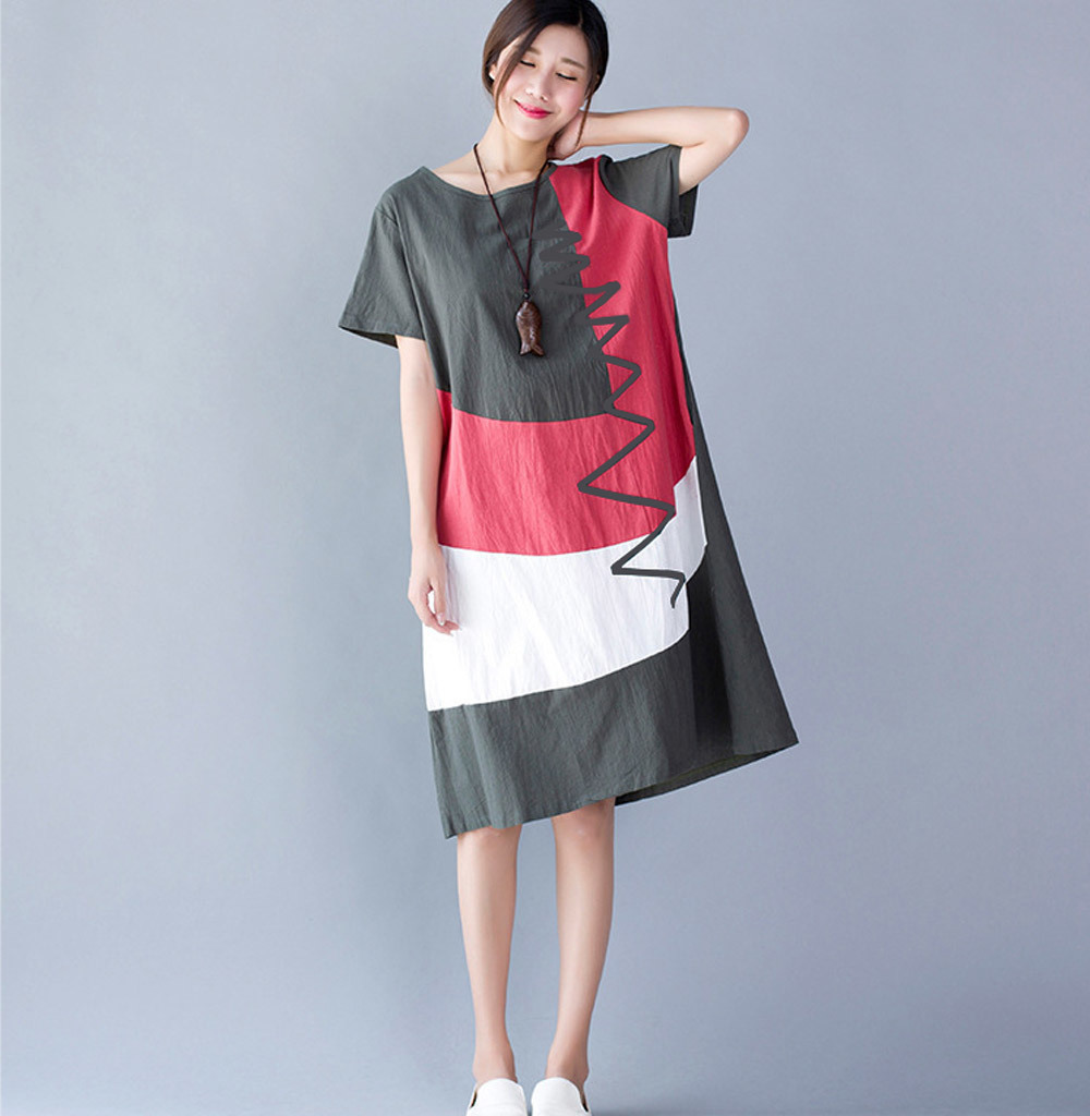 Supermiss Women Linen Summer Dress Plus Size Elegant Long Top New Casual Cotton Ladies Patchwork Short Sleeve Dresses T200603