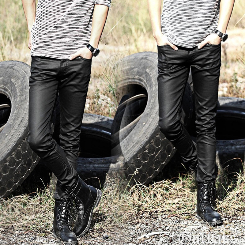 Idopy Men's Coated Jeans Waxed Black Punk Style Motorcycle Jeans Slim Fit Biker Denim Pants For Male Y200116