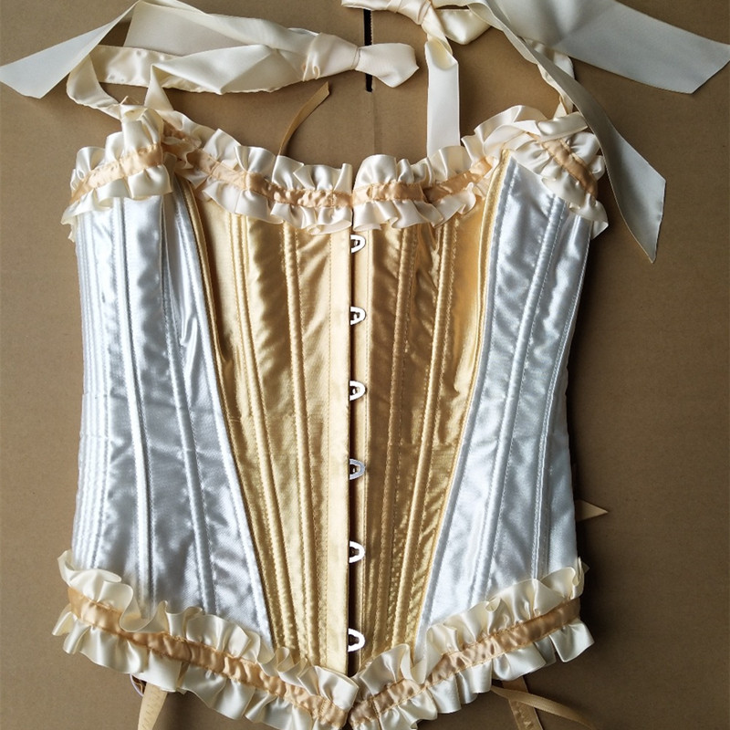 Women Satin Steel Bones Corset Wide Ribbons Self-tie Bows Shoulder Straps Sexy Gothic Waist Trainers With Suspenders Women White Bridal Corselet Linge