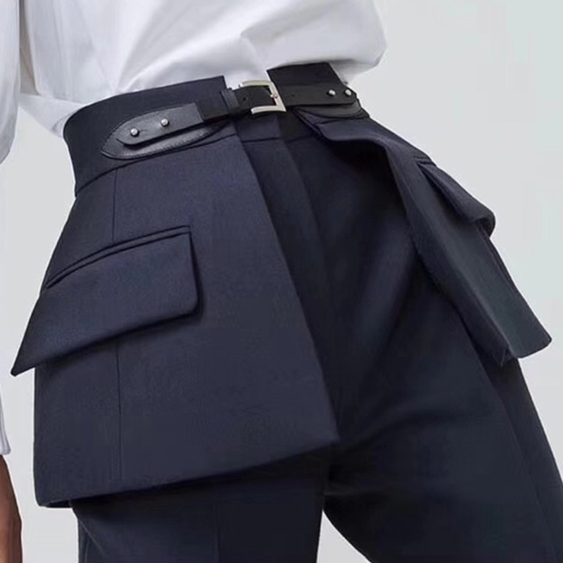 TWOTWINSTYLE High Waist Wide Leg Pants Female with PU Buckle Trumpet Cummerbund Women Fashion Black Trousers Autumn Winter 201228