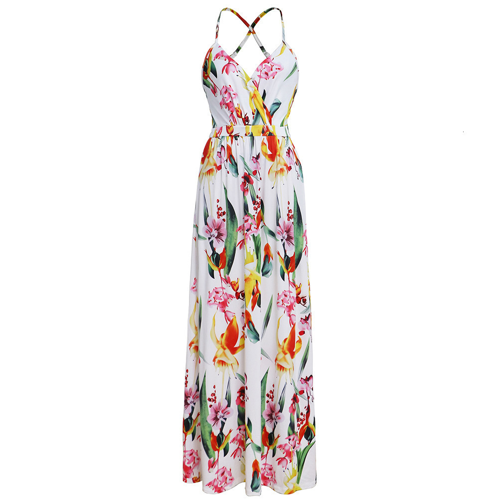 Multicolor Tropical Jungle Leaf Boho Long Dress Sling Cross Back Women V neck Party Night Elegant Sexy Maxi Summer Dresses T200604