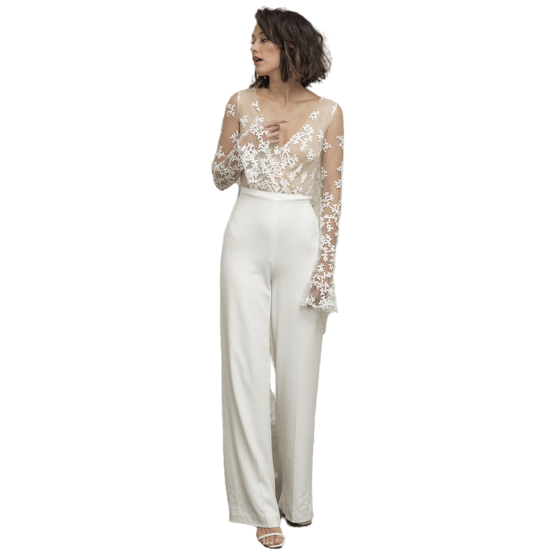 Jumpsuits Beach Wedding Dresses Bridal Gowns Sexy Illusion Top Lace Long Sleeves Bride Reception Dress Sheath Boho Women Pants Suit