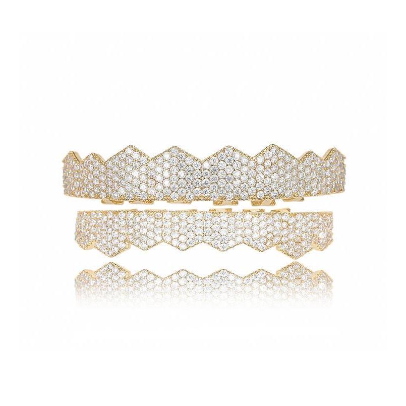 New Full Zircon Teeth Grillz Top Bottom 18K Gold Silvery Color Grills Dental Mouth Hip Hop Fashion Jewelry Rapper Jewelry V5Fhs5960974