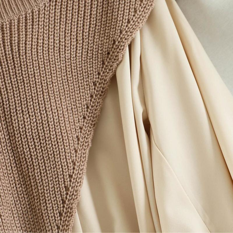 Sweet Suit Women Japan Single Breasted Turn-Down Collar Pleated Dress +Irregular Drawstring Knitted Vest Two Piece Set PL548 220310