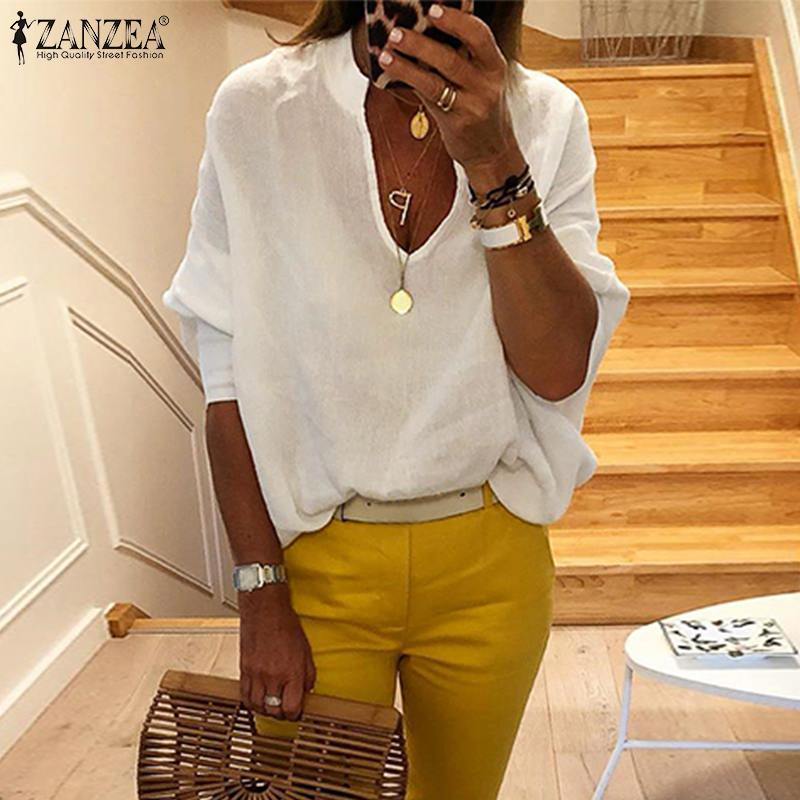 Plus Size Women's Summer Blouse 2019 Elegant White Tops Casual V Neck Blusas Female Puff Sleeve Shirt Female Solid Tunic T200321