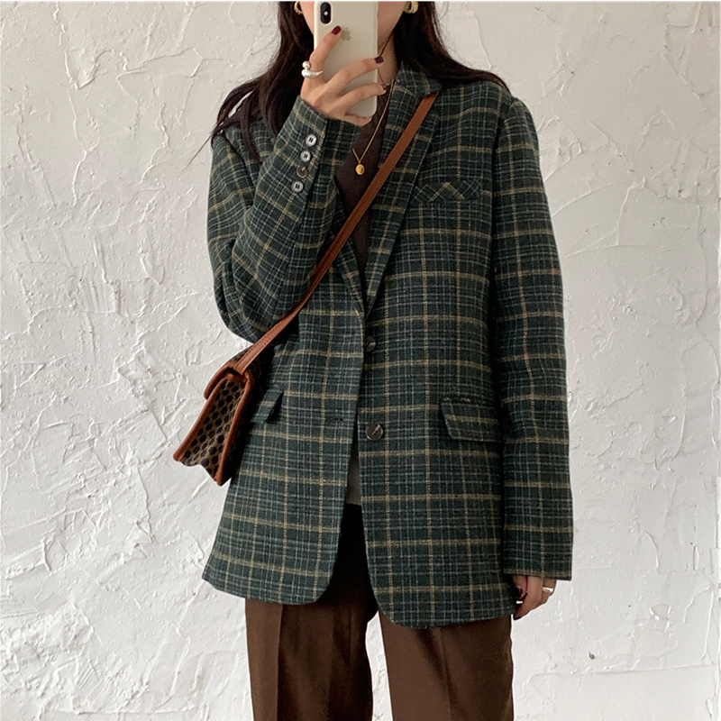 Women Winter Green Plaid Woolen Jacket Coat Femme Retro Notched Collar Single-Breasted Pockets Loose Thickening Blazer 201215