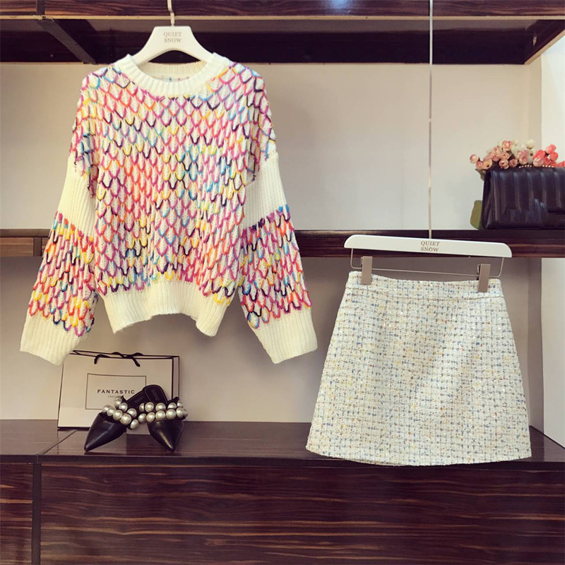 Fall Winter New Contrast rainbow rhombic knit Sweater + Sexy Short Tweed Skirts Womens Elegant Skirts Two-piece Set Female 201123