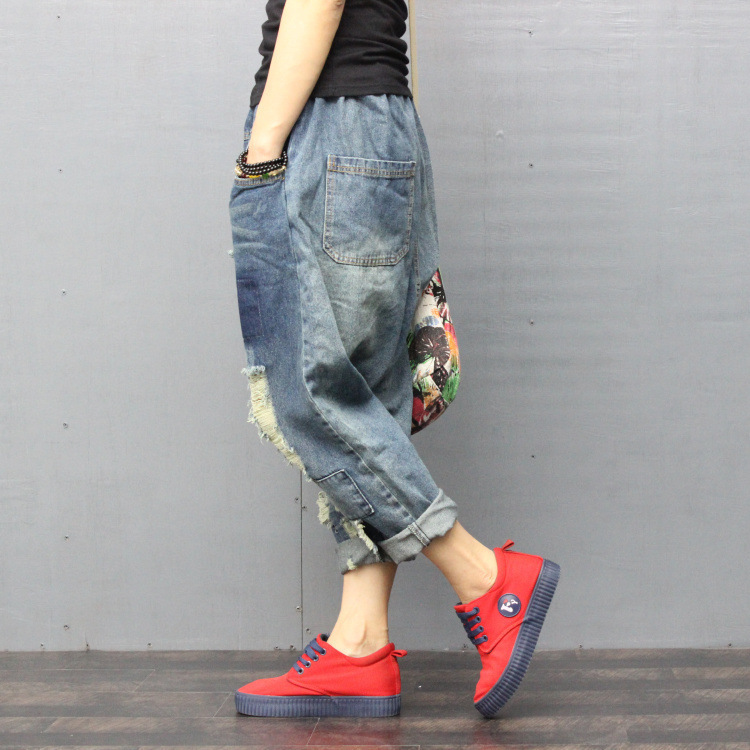 SHENGPALAE Spring Casual Blue Pleated Patchwork Elastic Hole Mid Waist Loose Fashion Full Length Harem Pants Women LJ201130