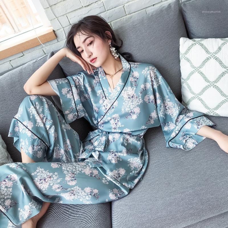 Pajamas Female Kimono Style Long Sleeve Robes with Long Trousers Home Suit Printing Woman Sleeping Pajama for Spring and Autumn1, Green
Pajamas Female Kimono Style Long Sleeve Robes with Long Trousers Home Suit Printing Woman Sleeping Pajama for Spring and Autumn1, Green