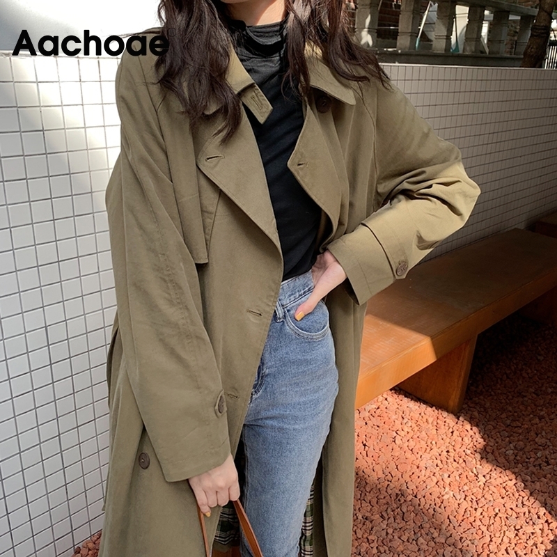 Aachoae Women Double Breasted Solid Long Trench Batwing Long Sleeve Straight Coat Bandage Elegant Windbreaker Korean Outwear 201111
