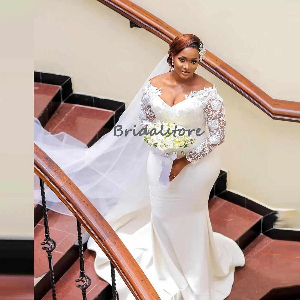 Elegant Plus Size Boho Wedding Dress African Nigeria V Neck Lace Long Sleeve Mermaid Bridal Dresses Satin Women Bohemian Bride Dress Country Garden Ro