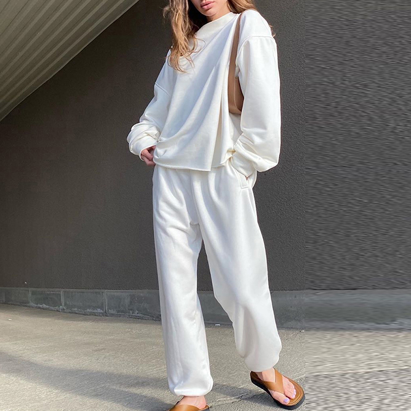 Casual 2 Piece Set Women Solid White Sweatshirt Suit Long Sleeve Hoodies Pullovers Elastic Waist Full Length Pants Set 201119