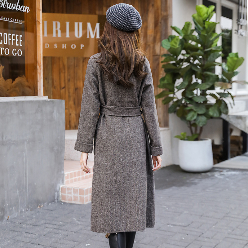 Korea long coat for fashion Woolen Loose Coat Long Selfcultivation notched collar long sleeve topcoat with belt YH71 201102