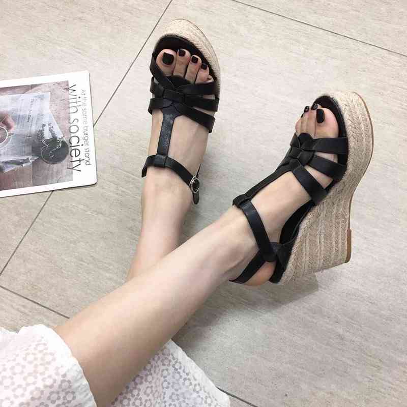 Sandals Slippers Fashion Weave Roman Style Wedge Heels Casual Black White Buckle Pumps Women Shoes Summer 220226