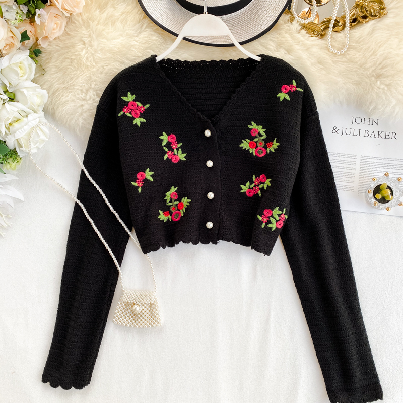 Gagaok Women Knitted Sweet Fashion Sweater Spring Autumn New V-Neck Full Short Embroidery Floral Slim Wild Female Cardigans 201017
