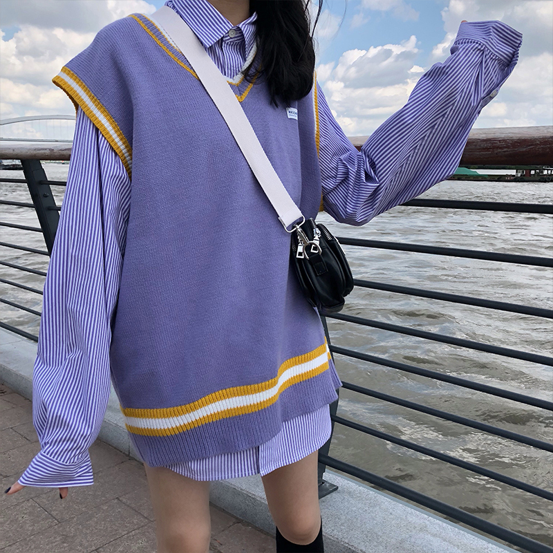 4 colors autumn and winter preppy style v neck color pathwork knitted sleevelesvest sweaters womens pullovers womens LJ201126