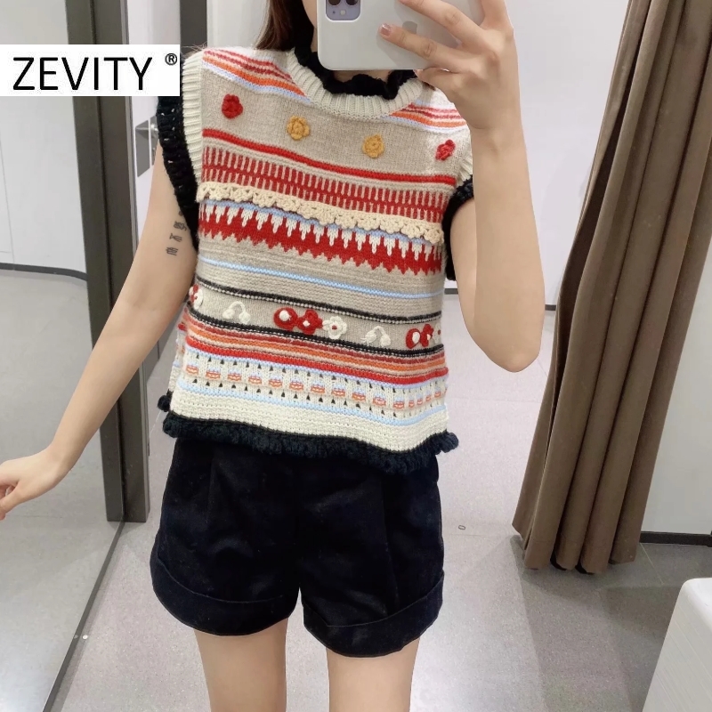 ZEVITY women fashion color matching floral appliques knitting sweater ladies sleeveless casual vest sweaters chic tops S408 201224