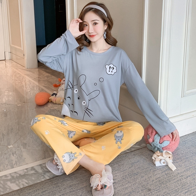 Autumn Cute Cartoon Totoro Long Sleeve Pajama Sets for Women Sleepwear Suit Pyjama Femme Pijama Mujer Homewear Home Clothes 201113