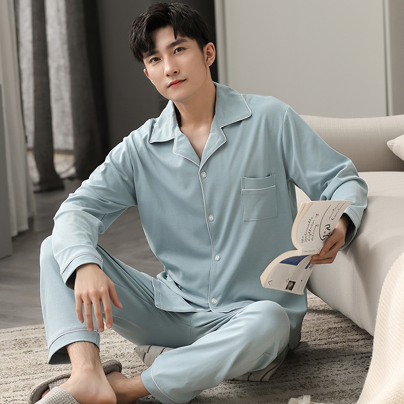 Winter 100% Cotton Pajamas Men Nightwear Blue Full Sleeves Sleepwear PJ Solid Pijama Hombre Homewear Cotton Pyjama Homme Hiver 201109