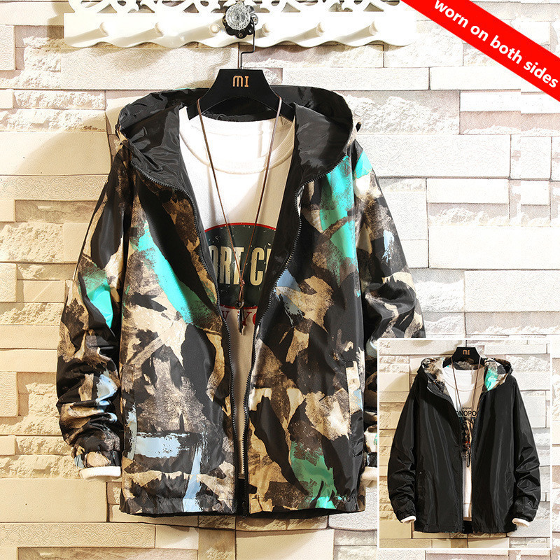 New Men's Jacket Can Be Worn On Both Sides Hooded Windbreaker Men Women Fashion Outwear Printed Street Hip Hop Jacket 201116