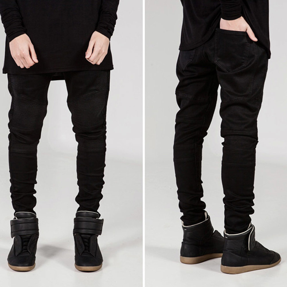 Black Motorcycle Biker Jeans Men Skinny Fit Denim Pants Hip Hop Men Stretch Denim Jeans homme Pencil Pleated Jeans TrousersQ30 201128