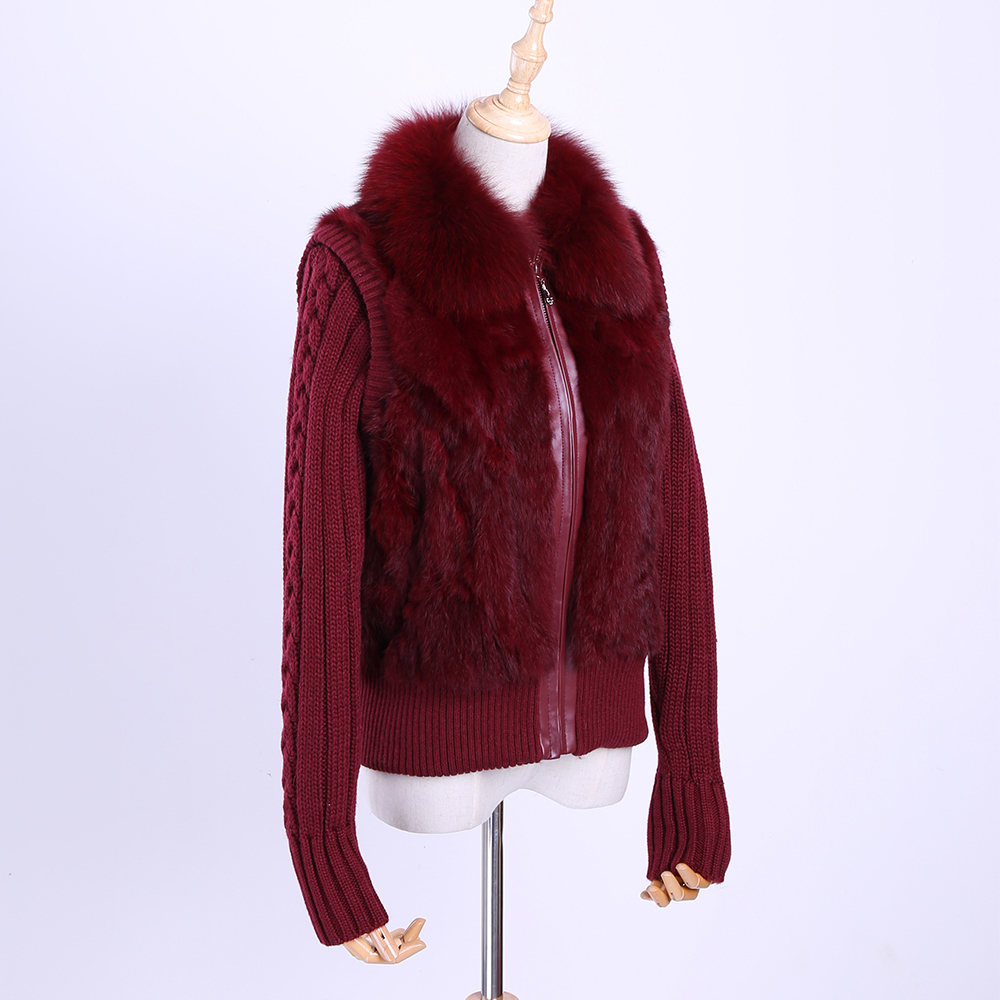 Women's Genuine Real Rabbit Fur Fox Fur Collar Knitting Sleeve Women's Winter Coat Fur Jacket Casual Short Outwear Slim 201031