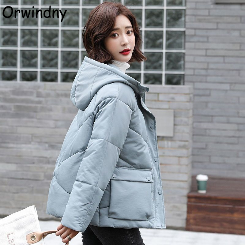 Orwindny Solid Women's Jacket Short Autumn Winter Jacket Coat Female Hooded Padded Clothing Big Pockets Sweet Parkas Outerwear 201019