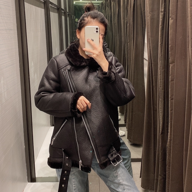 FTLZZ Women Winter Warm Faux Lamb Leather Jacket Coat Faux Leather Lambs Wool Fur Collar Motorcycle Black Jacket Bomber Overcoat 201020