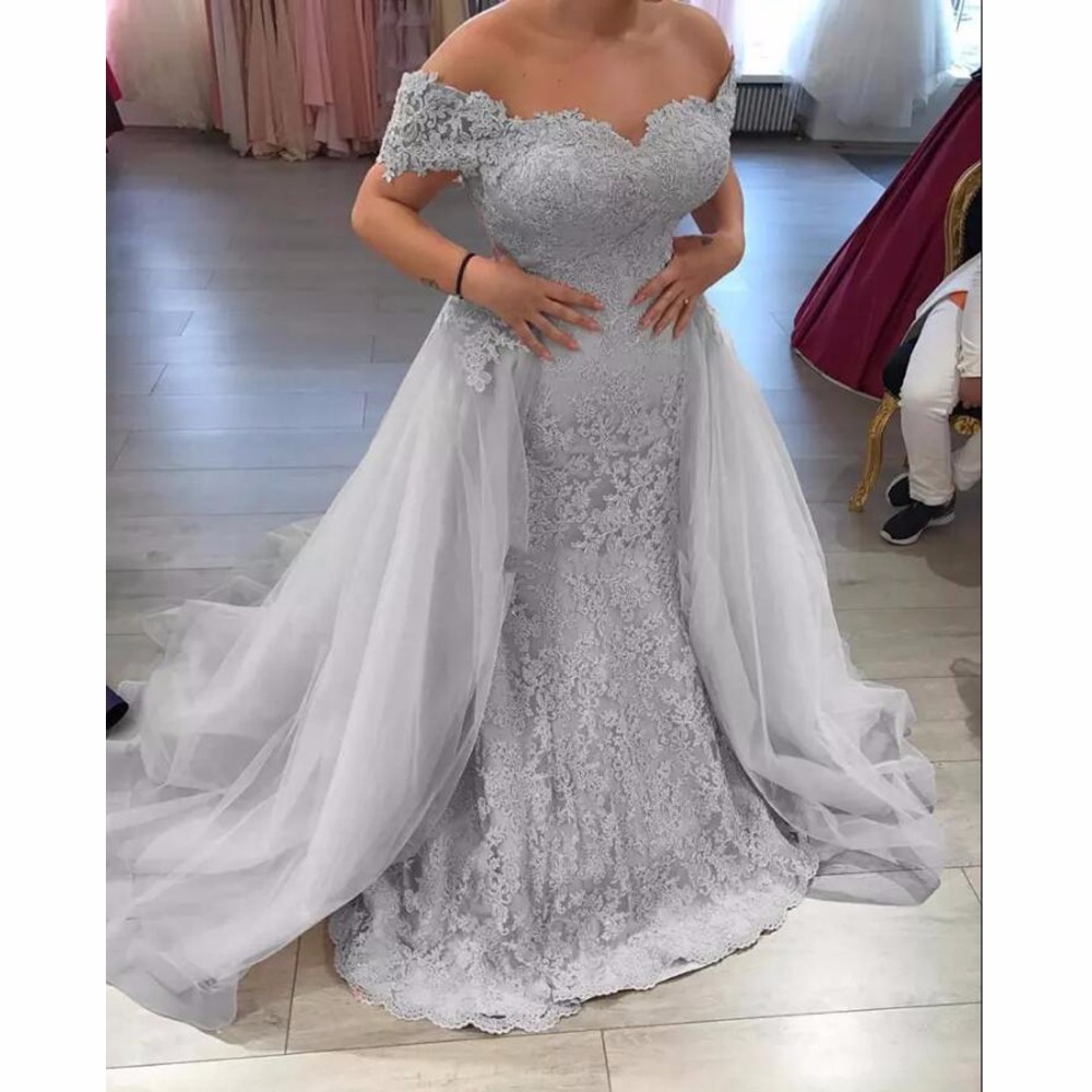 Modest Silver Lace Trumpet Evening Dresses 2021 Detachable Train Appliques Long Mermaid Prom Dress Formal Event Gowns Plus Size Abendkleider