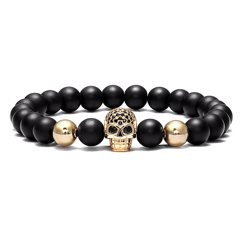 Cool Design Natural Stone Bead Strands CZ Micro Pave Skull Charm Bracelet Jewelry for Man Gift