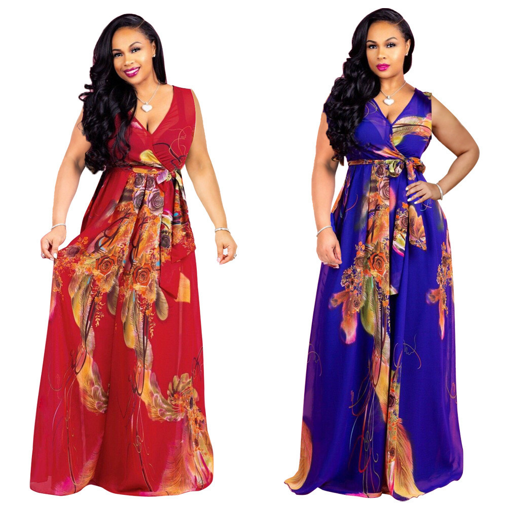 Summer Women Maxi Dress Floral print Chiffon Plus Size boho style vestidos Elegant Beach Long Dress Big Size Dresses T200604
