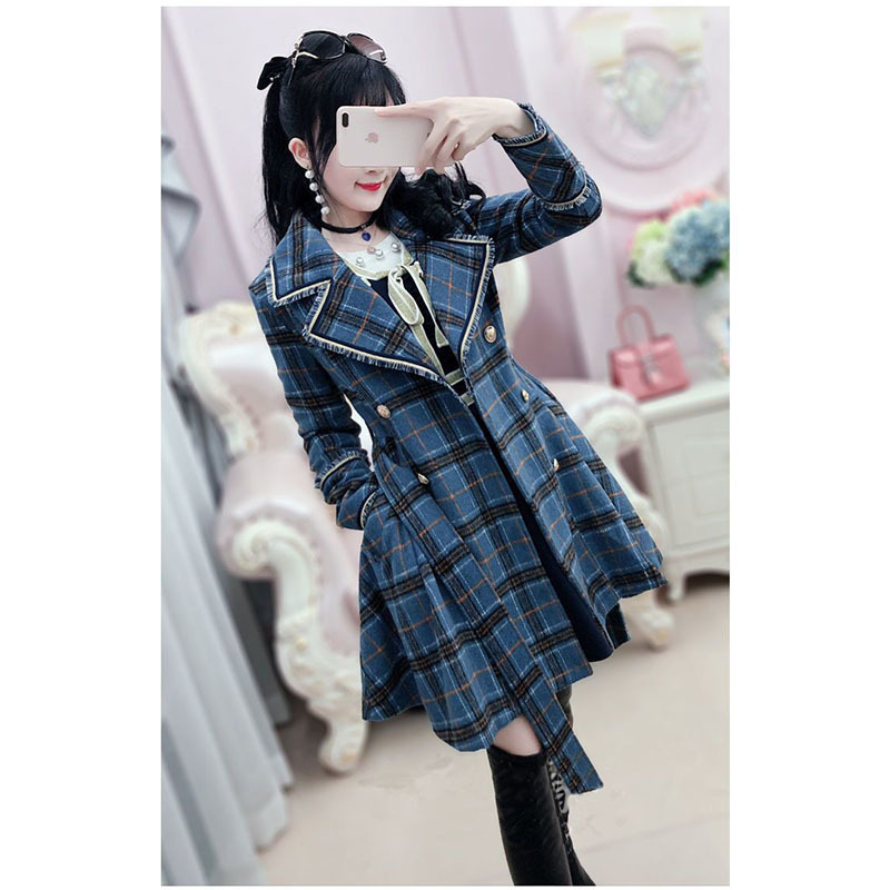 Women's Trench Coat Blue Plaid British Medium Long Woolen Coat Winter New Women Windbreaker 201211