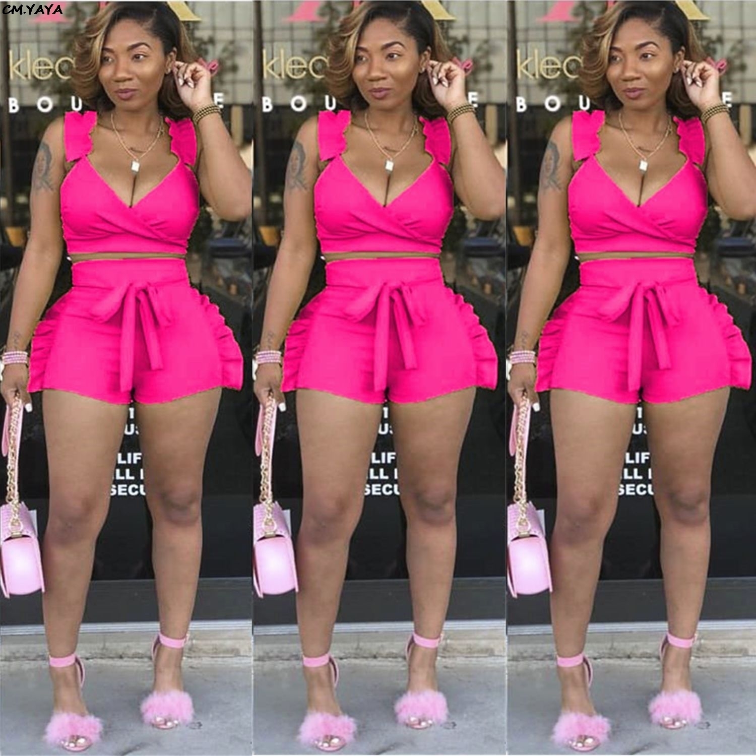 2019 women summer ruffles side splicing spaghetti strap vneck crop top & shorts suit two piece set beach tracksuit outfit L5052 T200603
