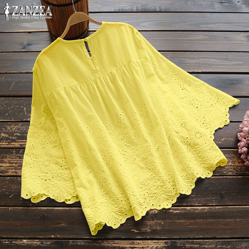 ZANZEA Fashion Lace Tops Women's Autumn Blouse Casual Pleated Hollow Blusas Female 34 Sleeve Shirts Plus Size Tunic 5XL T200322