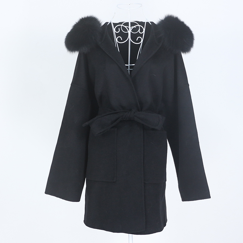 OFTBUY New Oversize Loose Cashmere Wool Blends Real Fur Coat Winter Jacket Women Natural Fox Fur Collar Hood Outerwear Belt 201222