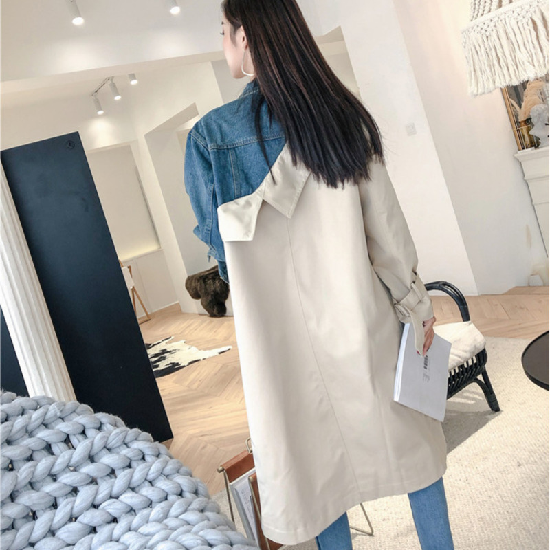 LANMREM Fashion autumn Double Breasted Patchwork Denim Turndown Collar Full Sleeve Casual Women Windbreaker YE53712 201030