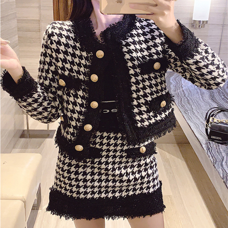 Autumn Winter Women Houndstooth 2 Pieces Clothing Sets Ladies Woolen Tweed Plaid Short Jacket Coat+Golden Button Short Skirt Set 201030