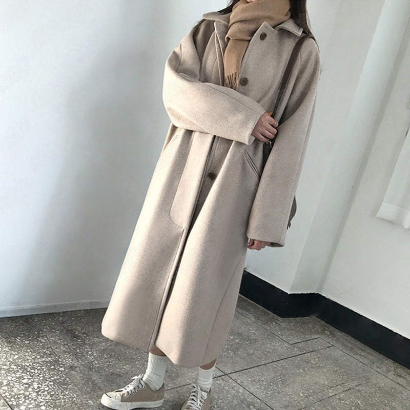 Bella philosophy Autumn Winter Woolen coat Simple Solid Leisure Single-breasted Turn-down Collar Female Long Woolen Coat 201103