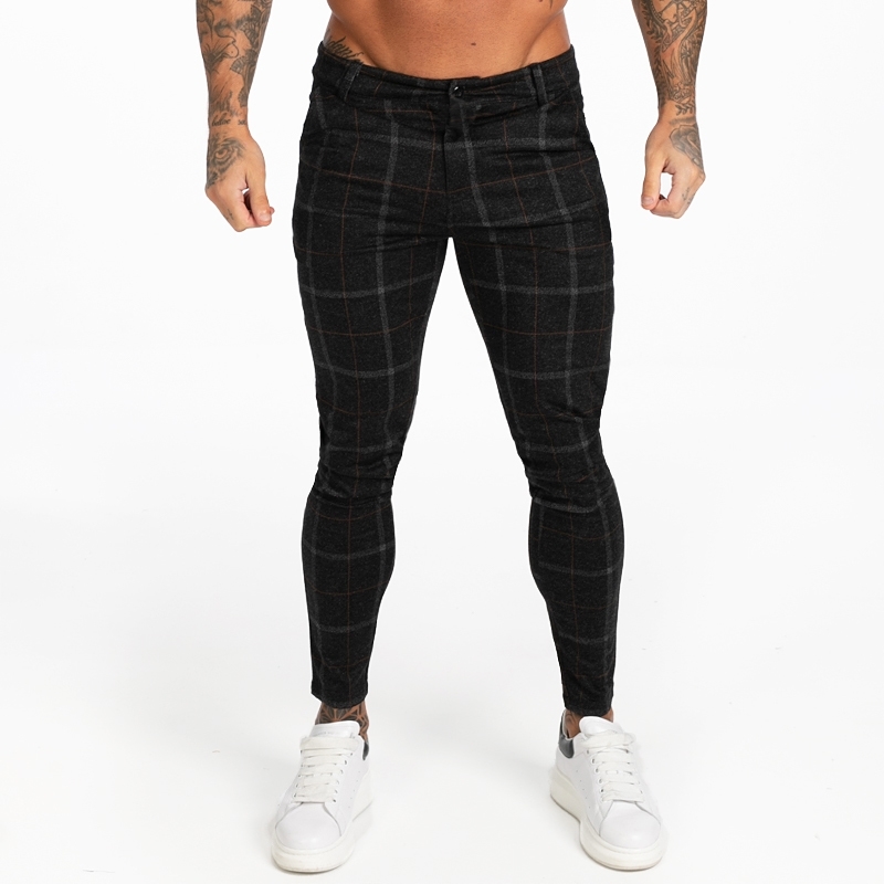 GINGTTO Men Skinny Chino Pants Autumn Winter Black Plaid Pants Skinny Pant Men High Waist DROPSHIPPING zm383 201118