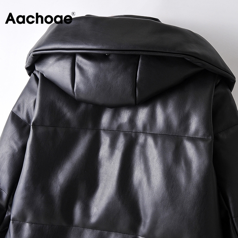 Aachoae Winter Casual Faux Leather Black Coat Women Long Sleeve Thick Warm Jacket Lady Pu Leather Midi Long Hooded Tops 201226