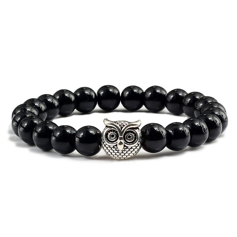 8MM Black Natural Vocanic Rock Owl Beads Bracelets Chakra Lava Stone Men Women Beads Bracelet Strand Strength Bracelet Costume Jewelry