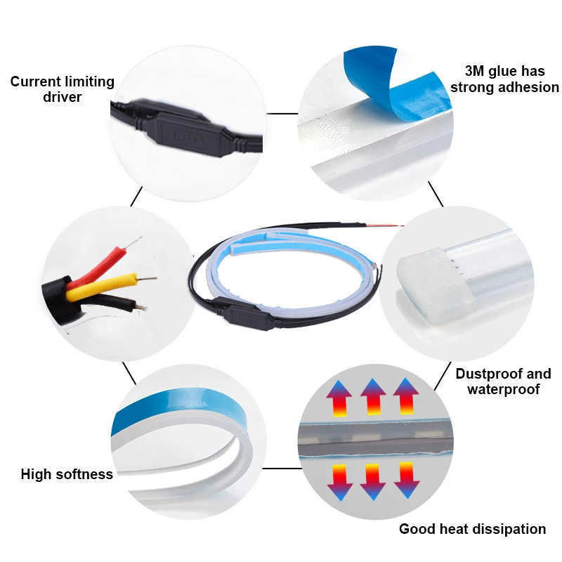 2pcs Waterproof Flexible Universal Car LED DRL Daytime Running Light Flow Runs Headlight LED Strip Brake Turn Signal Light