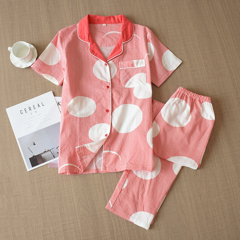 Summer New Casual Comfortable Simple Wind Short Sleeve Trousers Home Pj Set Double Layer Cotton Gauze Lapel Pajamas Suit T200429