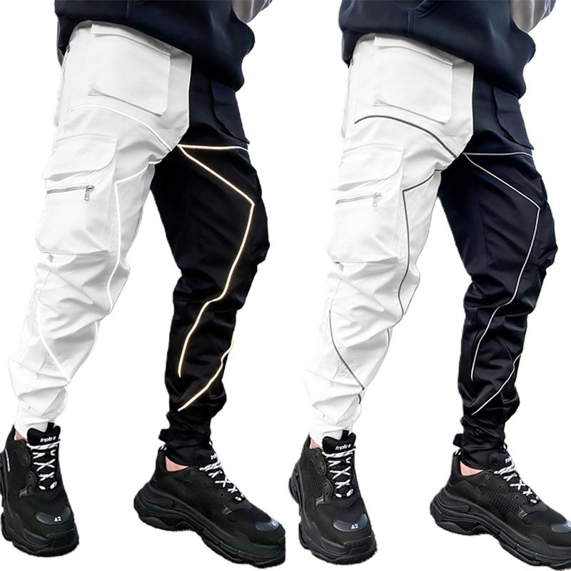 Men's Cargo Pants - Reflective Hip Hop Joggers, Casual Streetwear, Polyester, Khaki, Black, Blue, Army Green, White