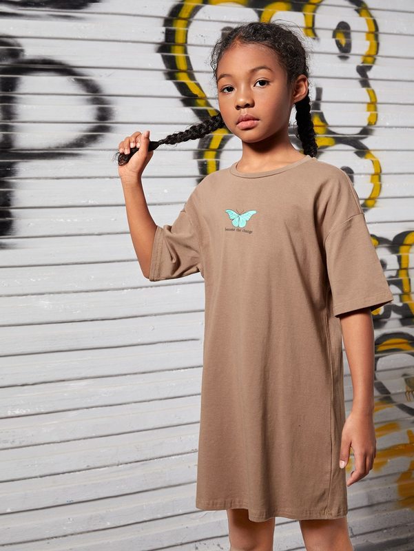 Girls Butterfly & Slogan Graphic Drop Shoulder Dress SHE