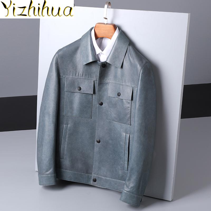 

Azazel 2020 Men Clothing Autumn Men's Jackets Sheepskin Genuine Leather Jacket Mens Clothes 5XL 6XL Ultra-thin Coat Ropa LXR465, Lake blue