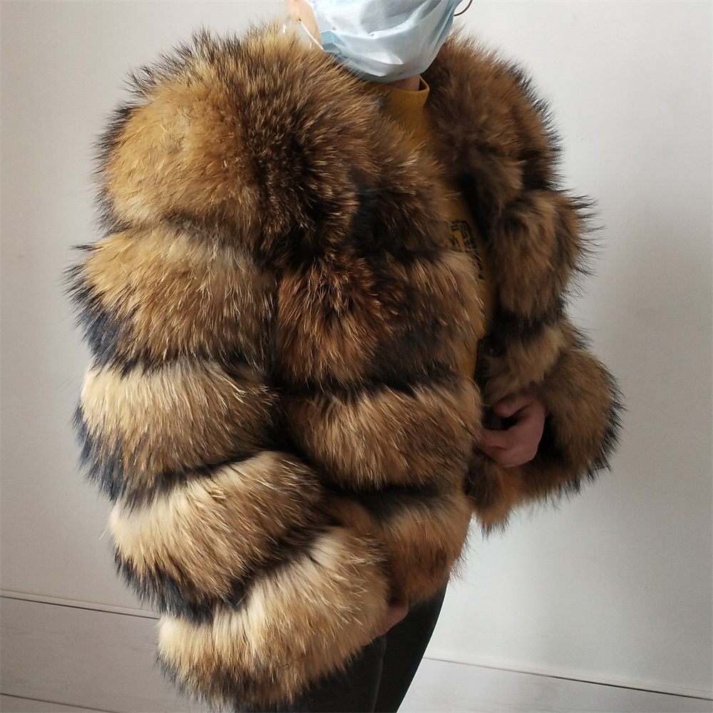 Winter Women Real Natural Raccoon Silver Fox Fur Detachable Sleeve Coat Length 50 cm 201103
